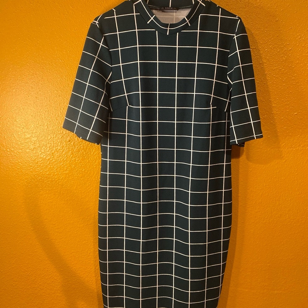 SHEIN 0XL Elegant Green Checkered Dress